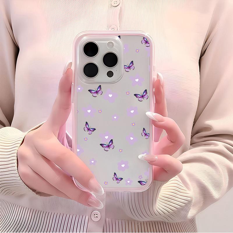 Funda de Teléfono Transparente Rosa de TPU con Mariposa y Flor Morada Para iPhone 11 12 13 14 15 16 17 Pro Max Plus Cubierta de Silicona a Prueba de Golpes