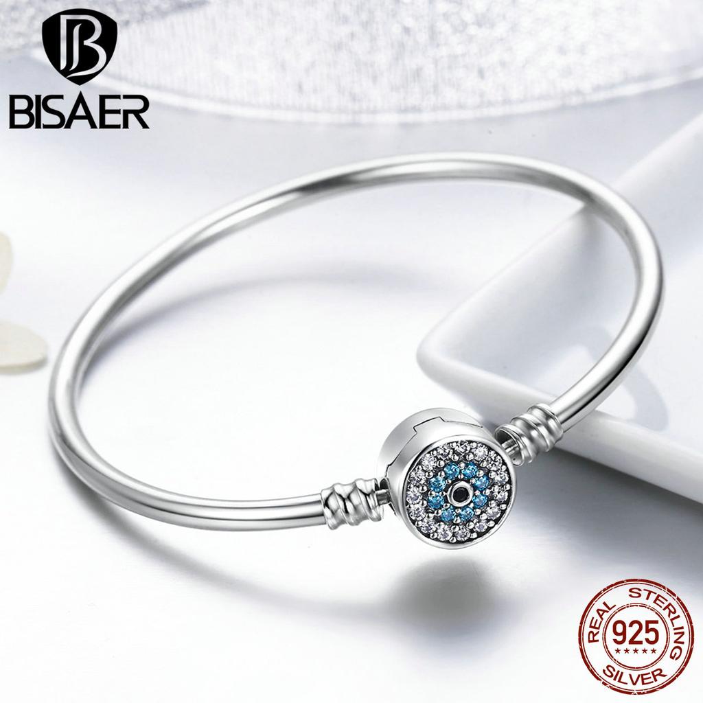 BISAER 925 Silver Demon Eye Bracelets Blue Evil Eyes Bangles Pave Setting Zircon 17-21CM for Women Party Fine Jewelry