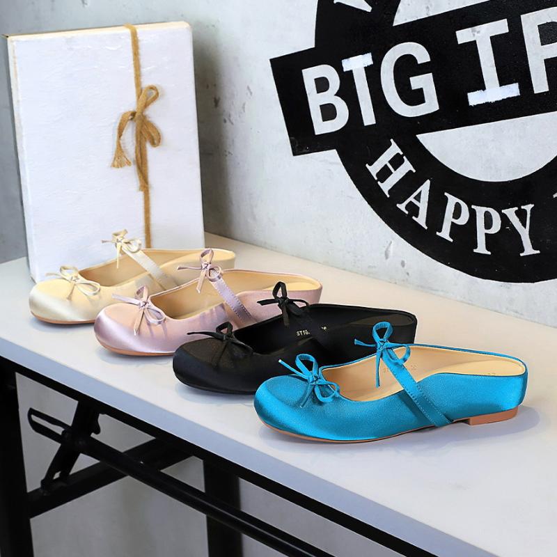 French Satin Bow With One Strap With Shallow Mouth Half-Tugging Women's Hollow Inner Heightened Round-Head Sandals Comfortable