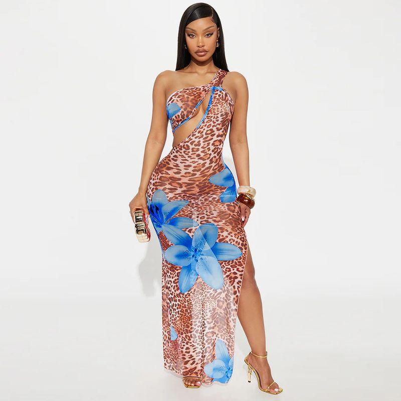 

Cy901803 Fashion New Arrival Diagonal Collar Hollow out See-through Mesh Floral Print Dress Women s Clothing 1 Blue 2XL