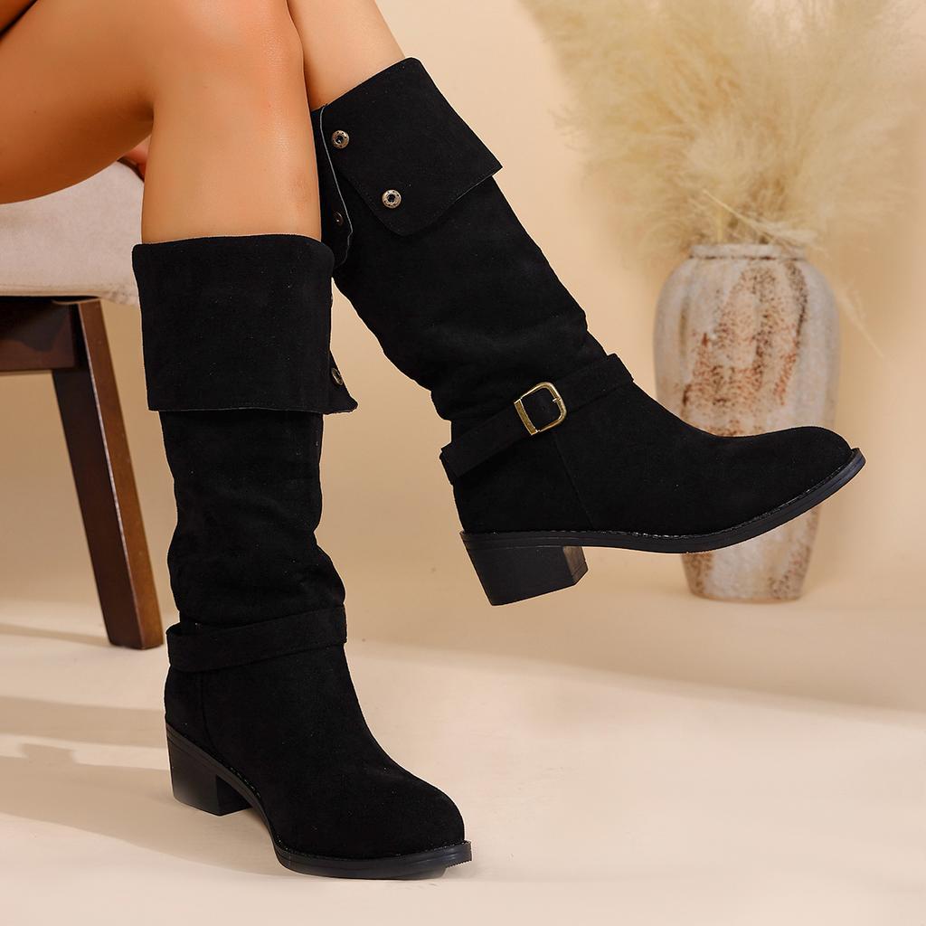 Fashion New Fashion Women's Solid Color Trendy Knight Boots Buckle Decor Chunky Heel Mid Calf Boots Autumn Winter Slip on Luxury Boots