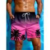 Neue Herren-Sport-Badeshorts, Kokospalmenmuster rot und pink, für lässige Strandurlaube, Kordelzug am Bund