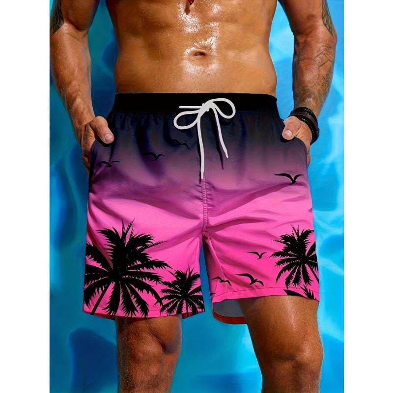 Neue Herren-Sport-Badeshorts, Kokospalmenmuster rot und pink, für lässige Strandurlaube, Kordelzug am Bund