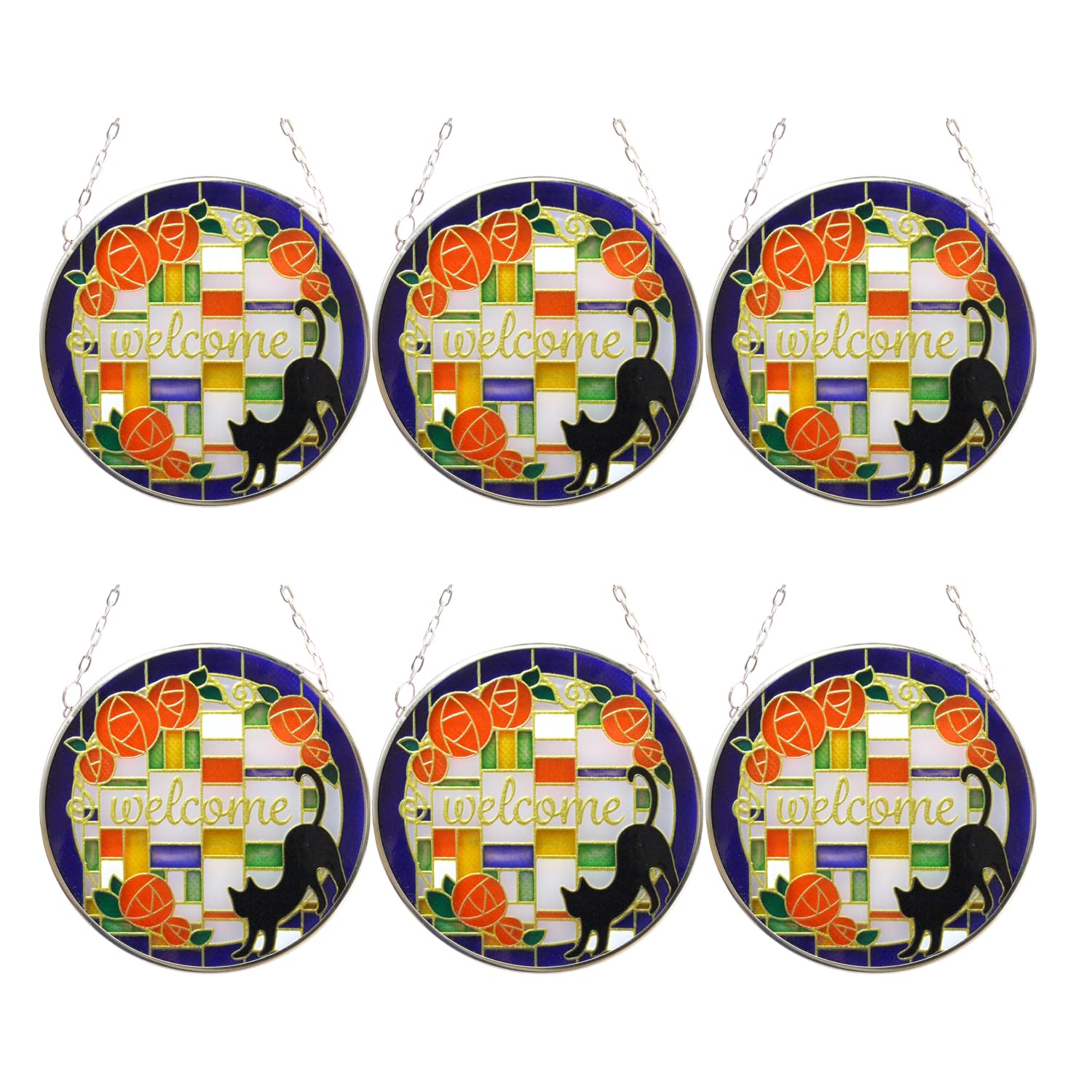 Fourcart Милый набор витражных кошек ручной работы из стекла, 6 штук, Рамка, Добро пожаловать,