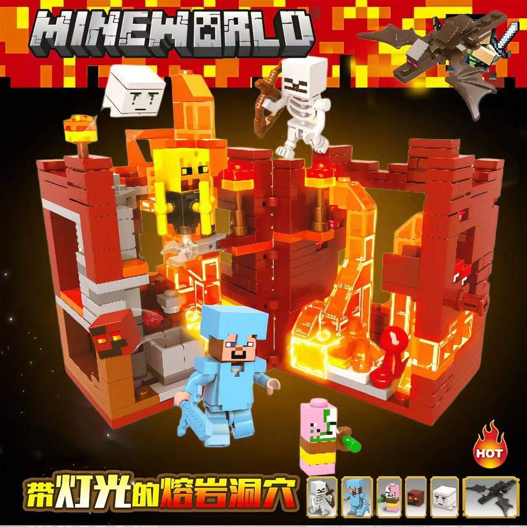 Minecraft Lava Mine Building Blocks Set with Light-Up Pieces, Educational STEM Building Toy for Boys Girls Kids, Creative DIY Assembly Gift