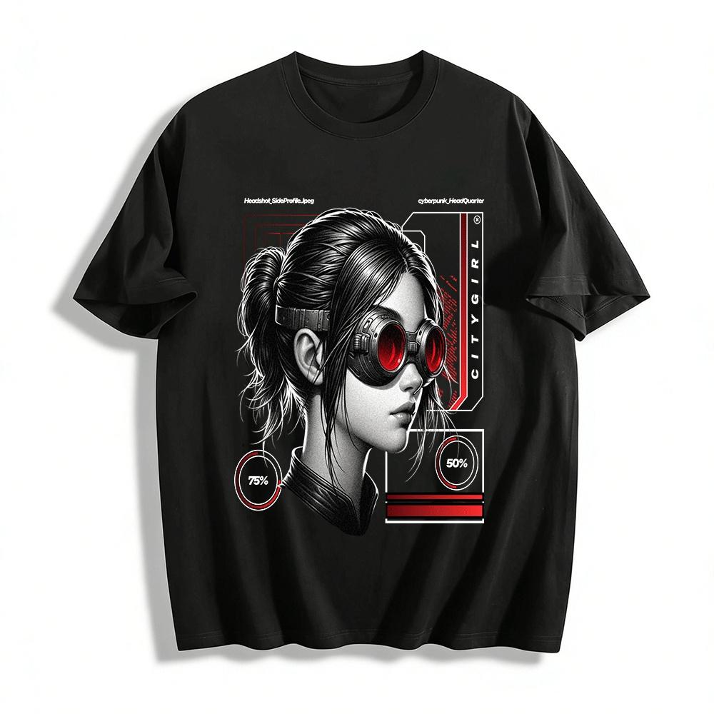 

Cyberpunk Tech Style Red Goggles Girl Print Trendy Casual Top Pure cotton T-shirt XXS