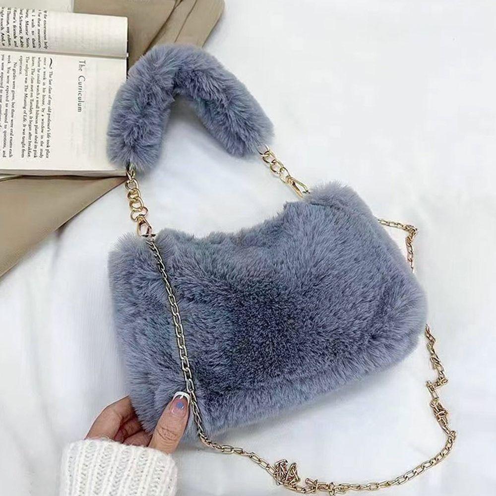 Fashi Women Fluffy Shoulder Bags Female Winter Chain Underarm Bag Solid Color Handbag Soft Plush Handle Bag