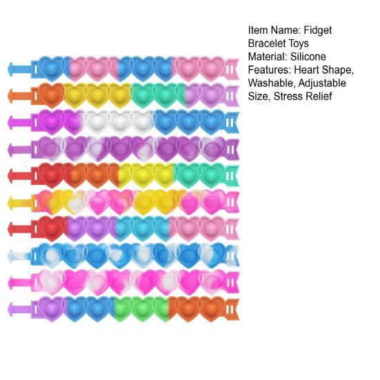 2 Pcs Decompression Bracelet Toy Heart Shape Colorful Soft Silicone Washable Adjustable Stress Kids Valentines Classroom Exchange Kit