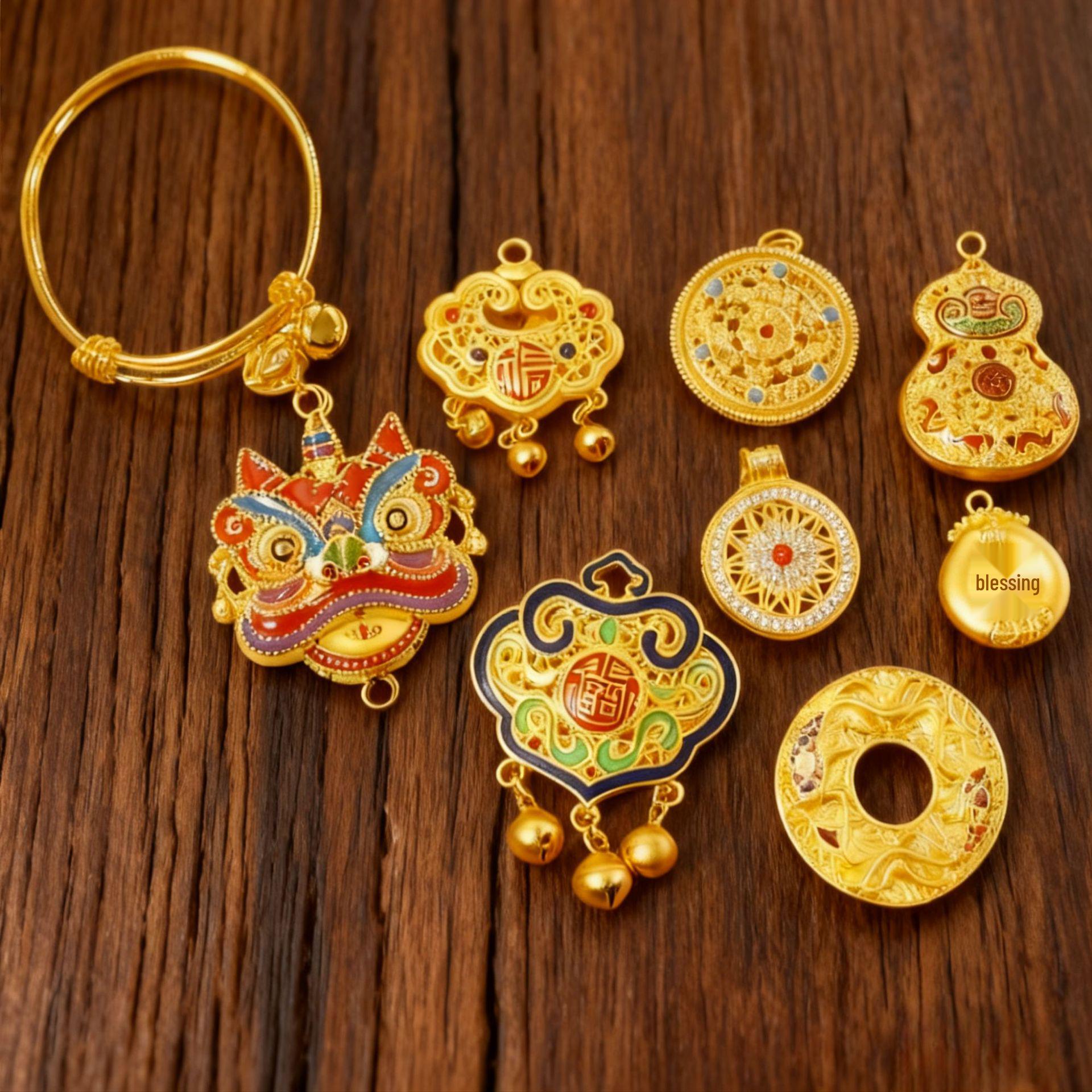 Chinese Style Longevity Lock Keychain Necklace - Gold Alloy Bell Pendant