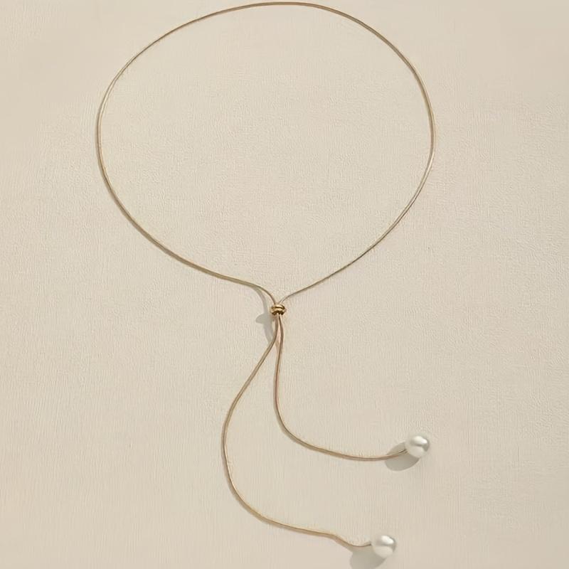 Long Pull Adjustable Pearl Necklace Alloy Jewelry Bohemian Elegant Style for Women Winter Sweater Chain