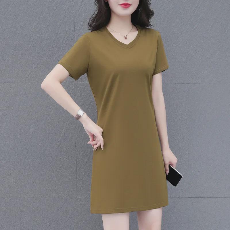 Mid-length 2024 Summer T-Shirt Dress - Loose, Slim, Round Neck, Age-Defying, Short-Sleeved Trend for Middle-Aged Women