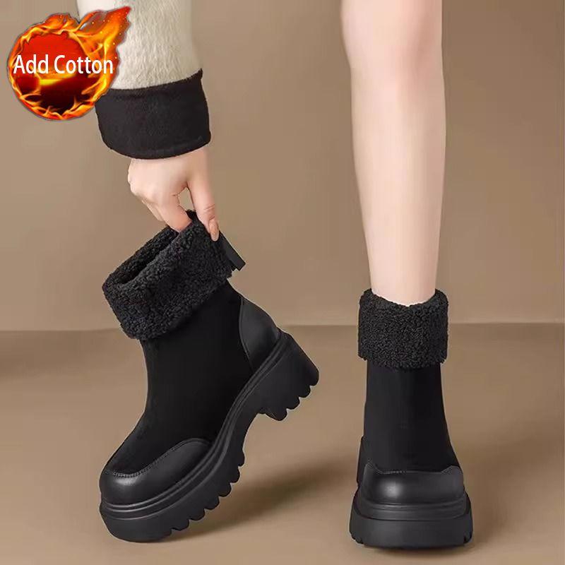 

Модные женские зимние ботинки из замши на толстой подошве с круглым носком, удобная и элегантная женская обувь, зимние нескользящие ботильоны, модная обувь 2025 года 35