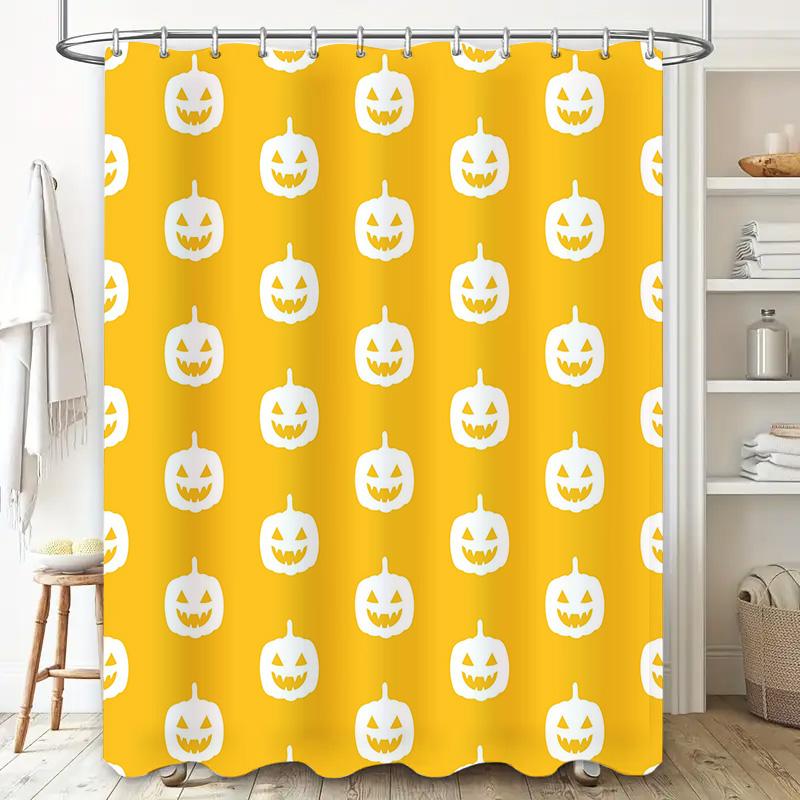 Yellow Halloween Pumpkin Print Shower Curtain Decoration Bathroom Accessories Set for Home Decor White Ghosts Jack-O-Lanterns De