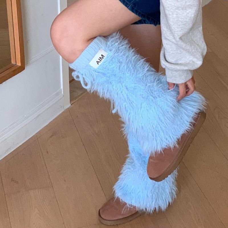 Womens Y2K Girls Winter Furry Leg Warmer wtih Drawstring Harajuku Letter Label Furry Plush Flared Boot Cover Long Socks