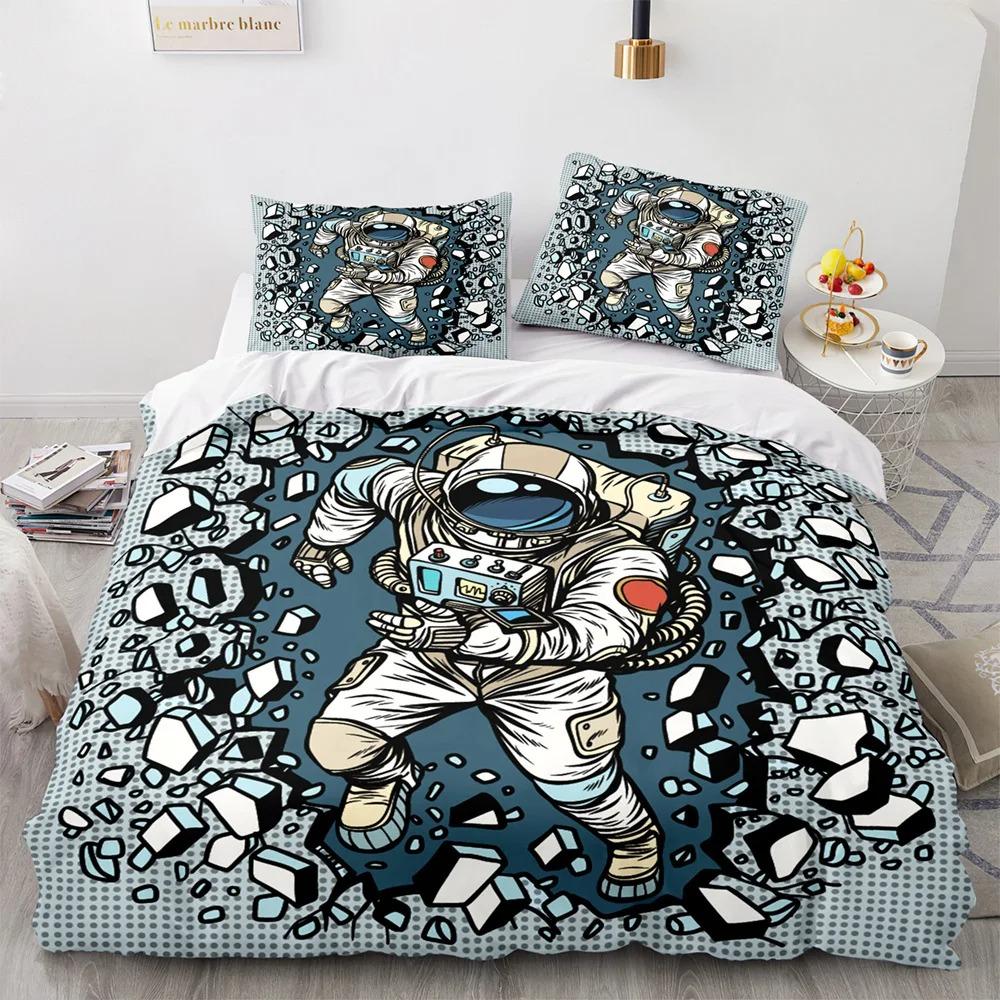 3D Astronaut King Queen Duvet Cover Cartoon Galaxy Universe Bedding Set for Boys Girls Outer Space Soft 2/3pcs Quilt Cover