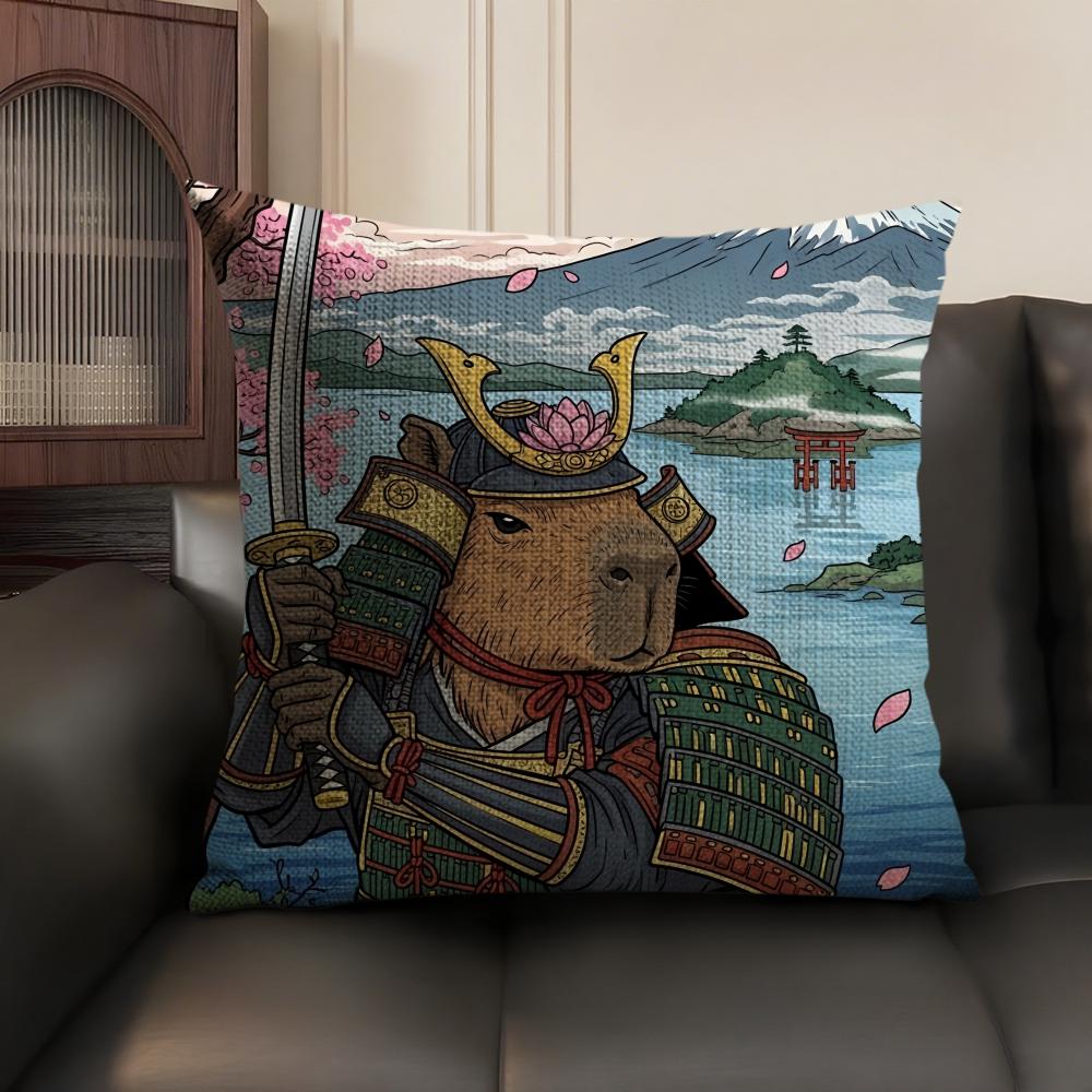 Samurai knight Capibara Cushion Cover Natural Linen Organic Fabric DoubleSided Printing Sofa Home Decor Gift Pillow Case
