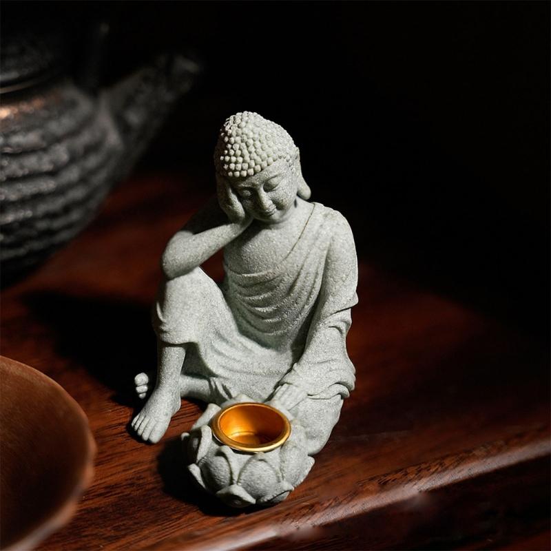 Meditating Buddhas Figurine Stone Sculpture with Tealight Holder Meditation Statue Garden and Indoor Decoration