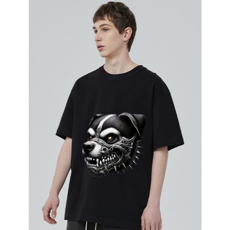 Black T Shirt with Dog Head Mechanical Design for Casual Wear