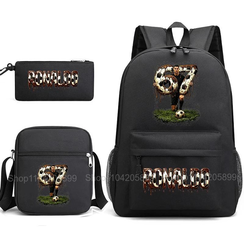 CR7 Ronaldo Backpack Football 67 Print School Bag With Shoulder Bag & Pencil Case For Student Boys Gift Daily Travel Rucksack