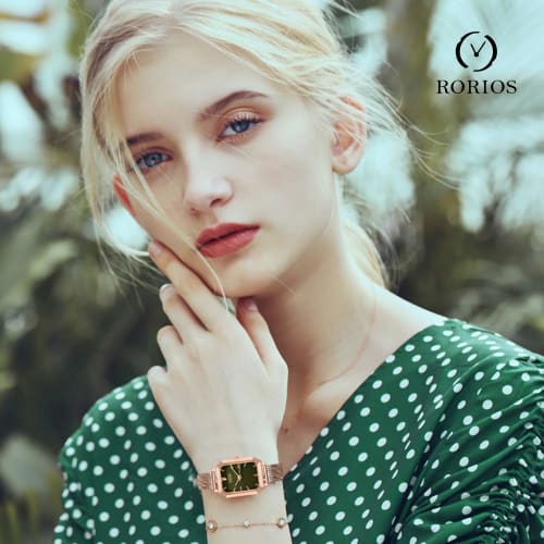 RORIOS watch Women's Watch, Water Resistant, Made in Japan, Quartz Movement, Square Face, Mesh Band, Popular, Casual, Commuting, School, Green