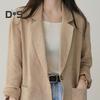 Korean Style Women Lapel Long Sleeve Suit Coat Pockets Design Single Button Solid Color Loose Fit Thin Blazer Workwear