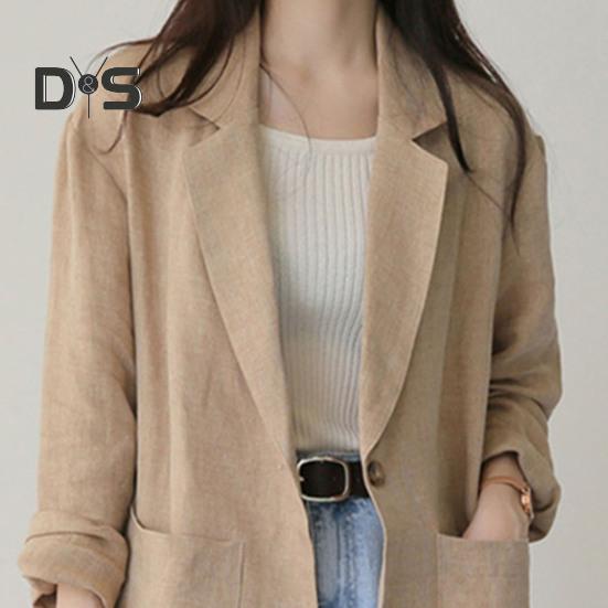 Korean Style Women Lapel Long Sleeve Suit Coat Pockets Design Single Button Solid Color Loose Fit Thin Blazer Workwear