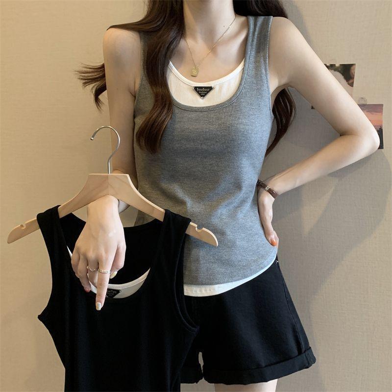 Large size fake two-piece suspender slim-fit foreign style vest for women's summer new models with base and hot top outside