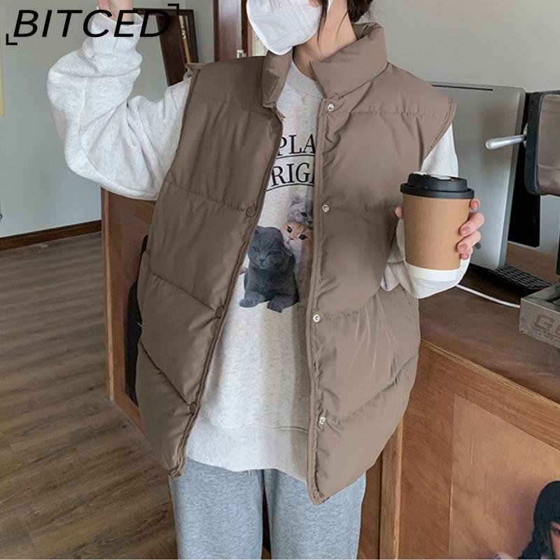 BITCED Down-Filled Cotton Vest for Women Stand-Up Collar, Short-Length Autumn/Winter Loose-Fit Cotton Jacket Lightweight Vest Outerwear