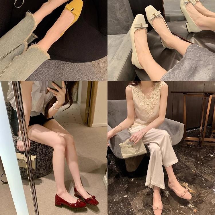 Grape mother studiolee temperament square head metal buckle bow thick heel commuting versatile light mouth single shoes women's spring