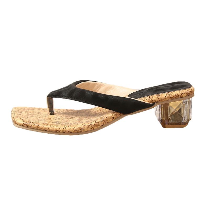 2025 summer new thick heel Roman sandals women wear black pinch flip-flops beach sandals women's shoes