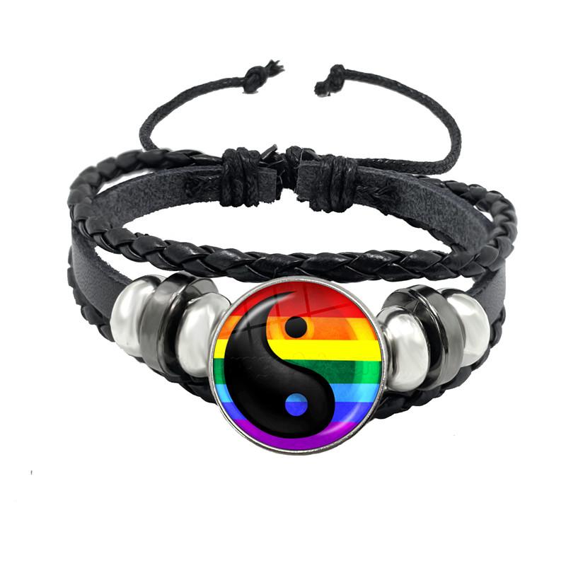 LGBT Leather Bracelet Bi Pride Glass Cabochon Dome Gay Pride Rainbow Flag Photo Bangle Jewelry For Women Men Lovers Gift