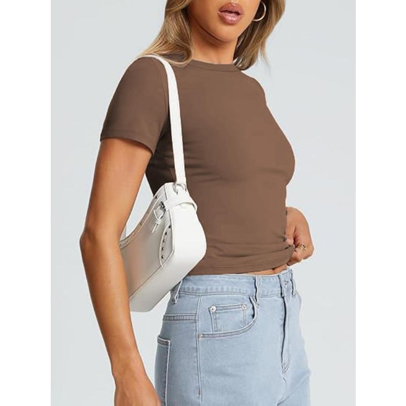 DAFIFY Women's Fashion Casual Summer Spring Solid Color Print Short Sleeve O-Neck Blouses & Shirts