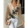 Fashion Women's V-Neck Long Sleeve 3D Floral Color Printing Casual Long Sleeve V-Neck T-Shirt
