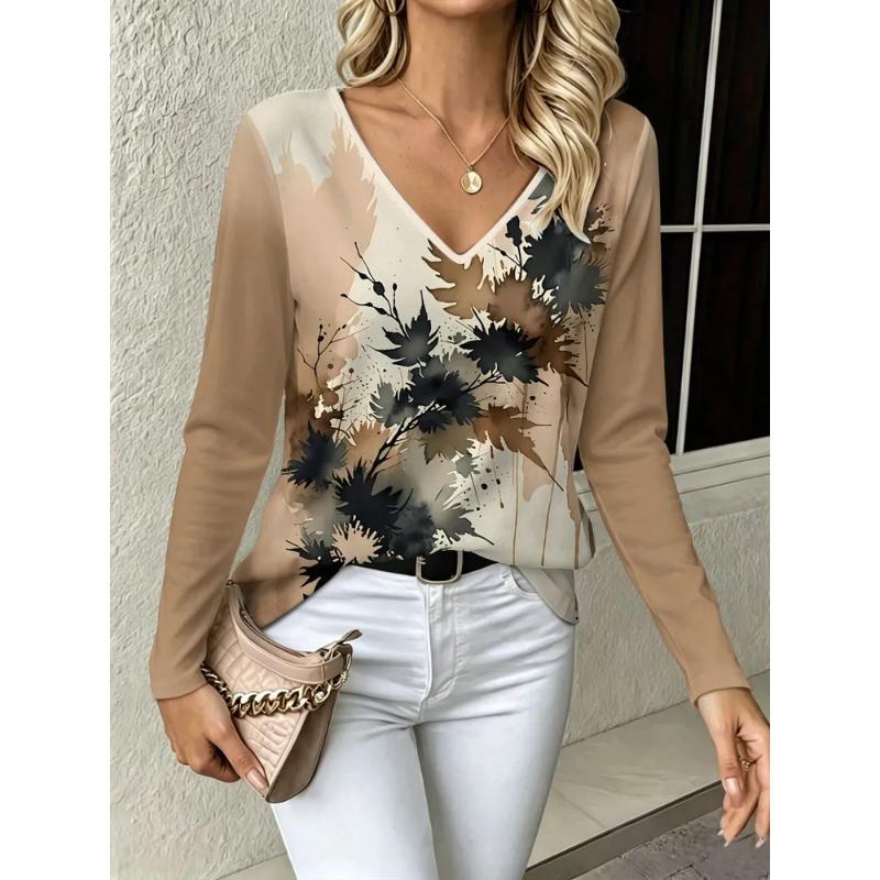 Fashion Women's V-Neck Long Sleeve 3D Floral Color Printing Casual Long Sleeve V-Neck T-Shirt