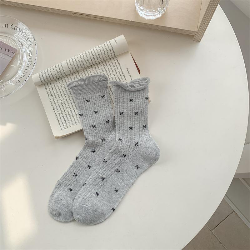 Spring and Summer Socks for Women: Thin Combed Cotton Mid-calf Socks with Mesh, Black Ear Trim, Bow, Long Calf Pile Socks