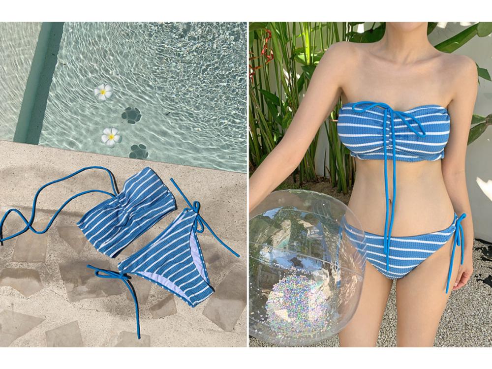 Korean Style Striped Strapless Halter Two-Piece Beach Swimsuit for Women