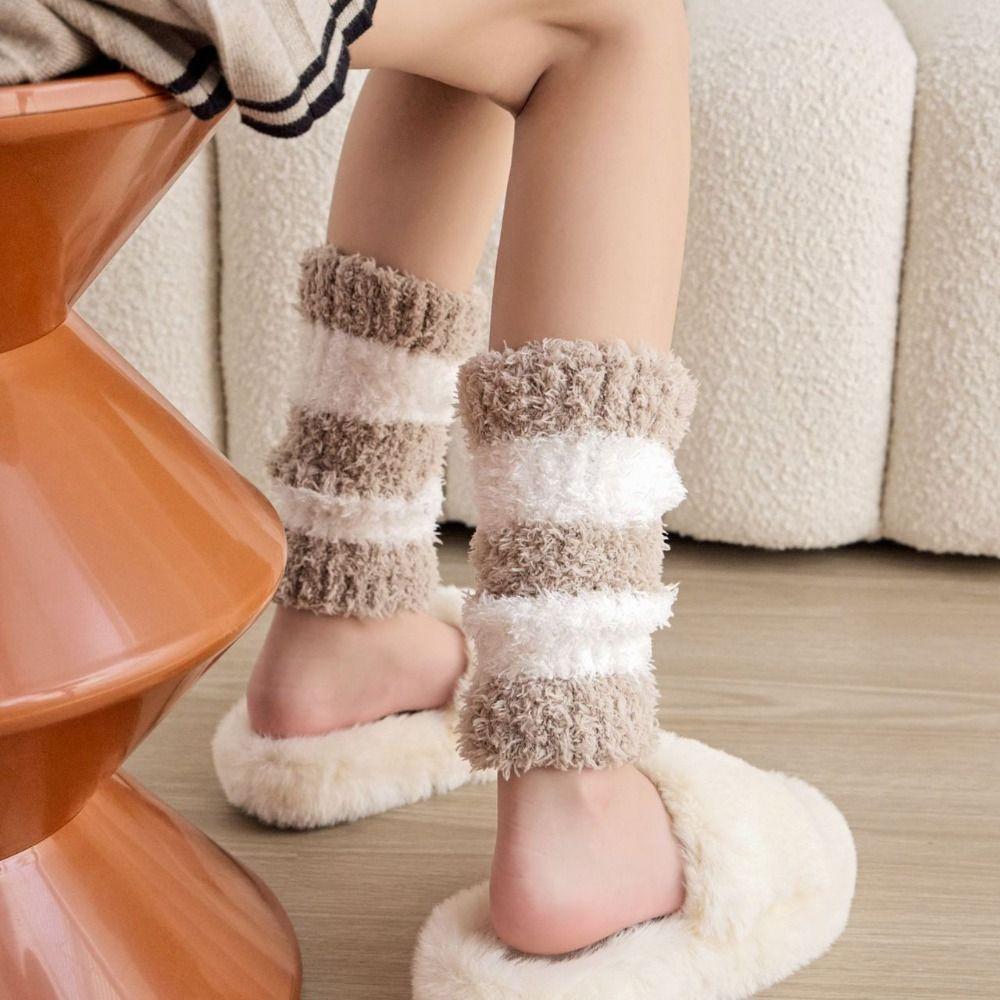 Stripe Short Tube Sock Cover Simple Winter Foot warmer Kawaii Coral Fleece Stockings  Autumn