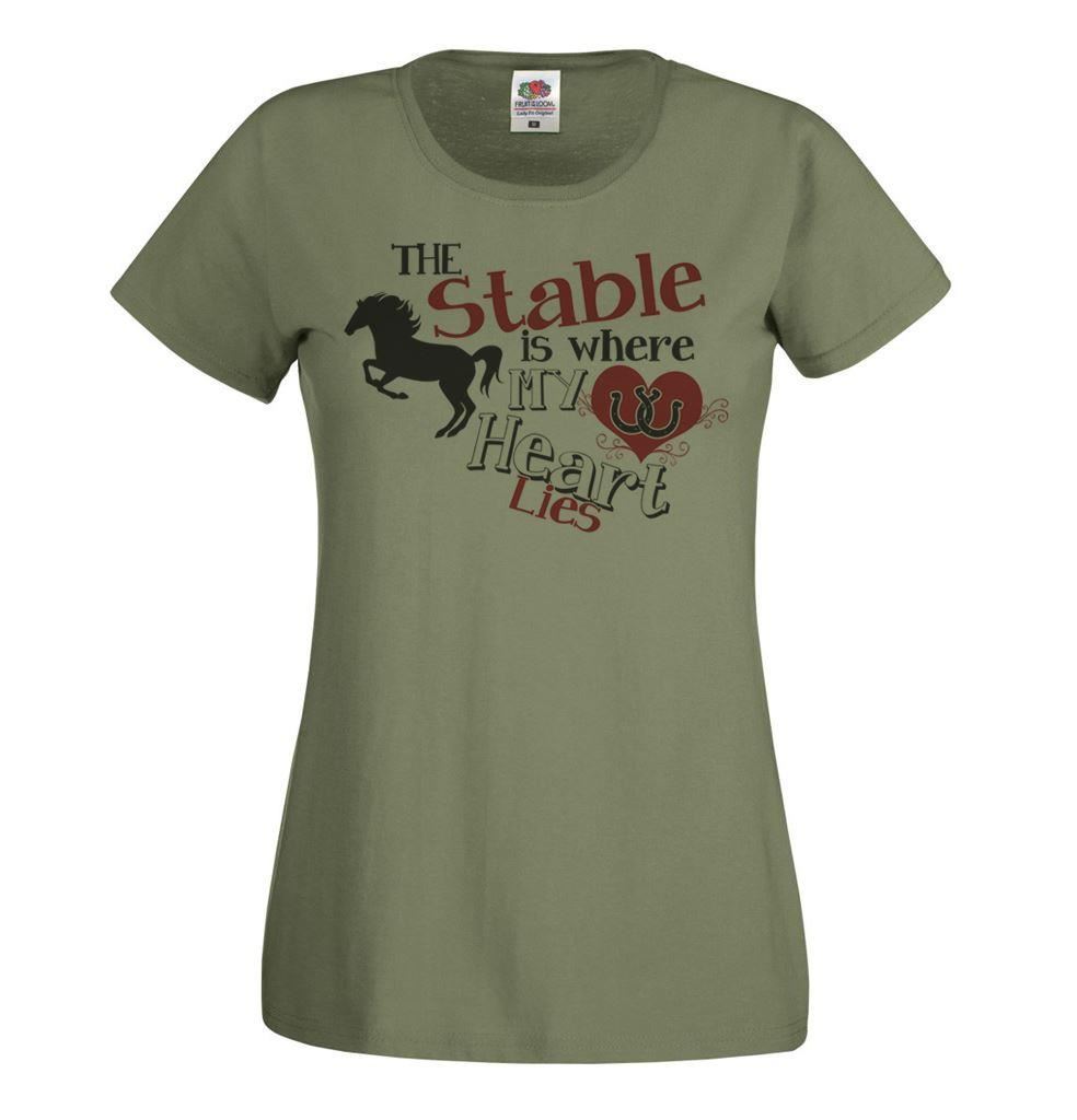 Unisexs The Stable Is Where My Heart Lies Horse Riding Olive Lady Fit TShirt S