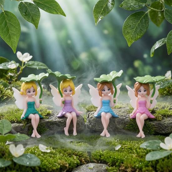 Yousheng 4 Pcs Miniature Fairy Figurines, Tiny Winged Elf Lotus Leaf Statue for DIY Fairy Garden, Flower Pot, Bonsai, Micro Landscapes, Craft