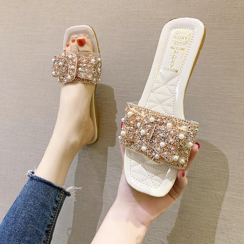 Fashion Rhinestone Flat Sandals Ladies New Low Heel Summer Slippers Elegant Fashion Luxury Women Sandals Outdoor Non-slip Casual Sandals