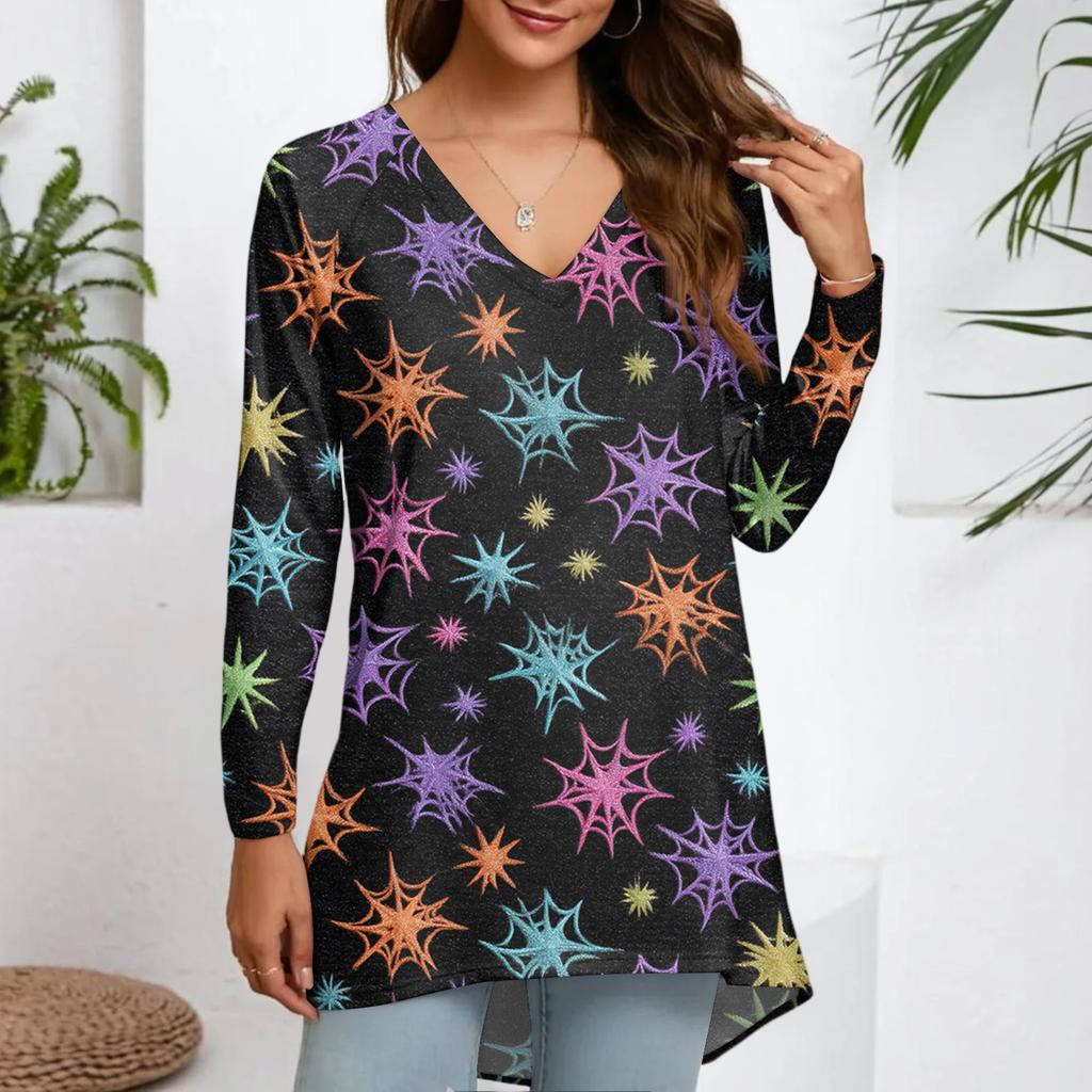 Ladies' Fashionable And Casual Halloween Printed T-shirt Long Sleeved V-neck Mid Length Top