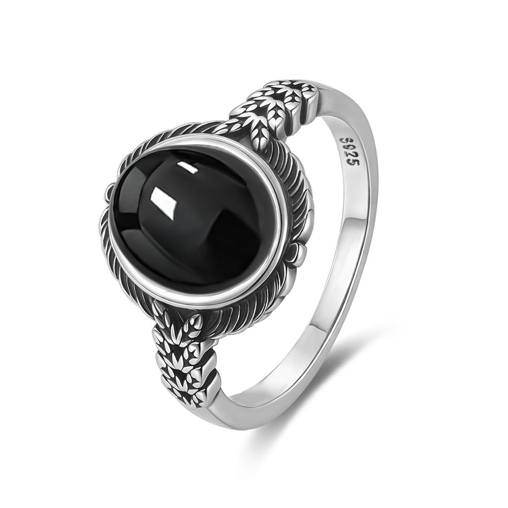 Vintage 925 Sterling Silver Ring Natural Black Onyx Ring Oval Round Stone Retro Fine Jewelry Gift Sun Shaped For Women Men
