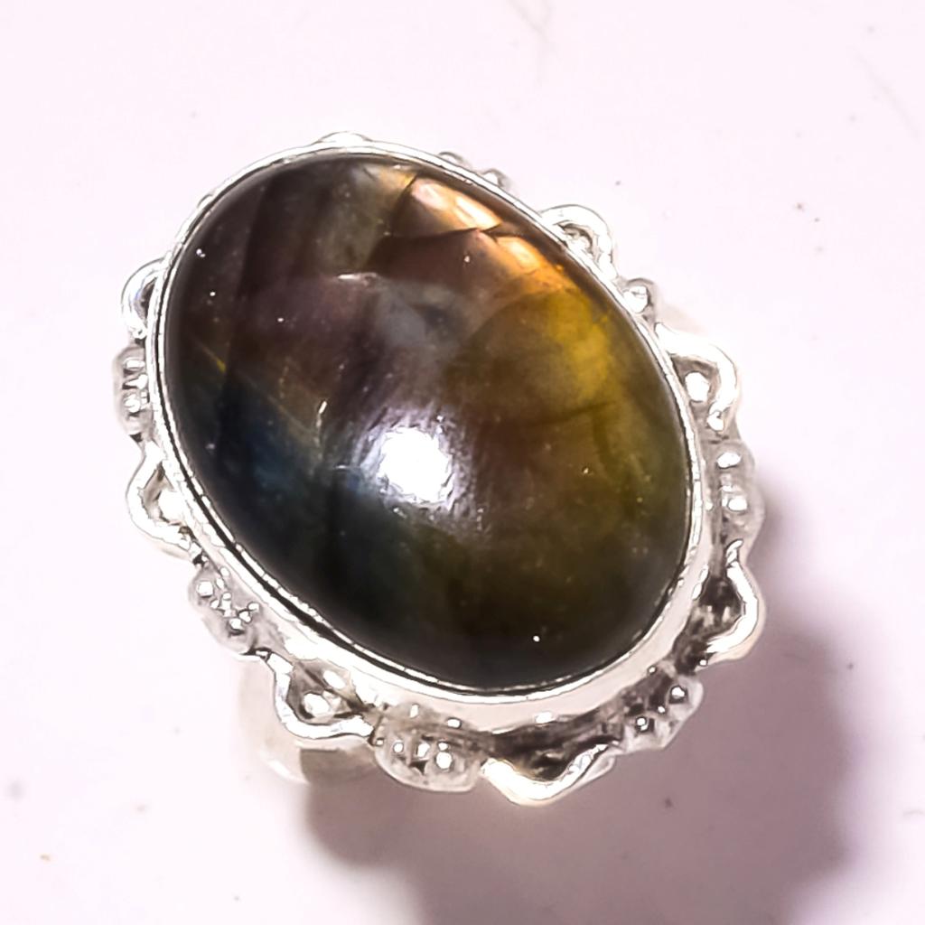Blue Fire Labradorite Gemstone Ring Handmade Antique Gift Jewelry 9.25" H2J47
