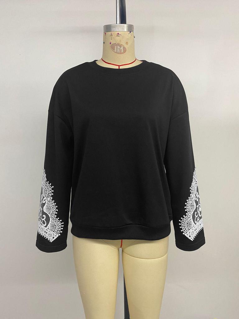 Women's Lace Patchwork Autumn Pullover Top - Casual Round Neck Sweatshirt