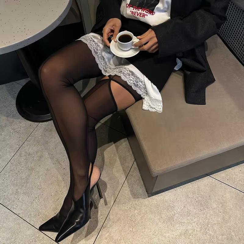 Black Line Footless Tights Sexy Women Sheer Mesh Hollow Out Pantyhose New Streetwear Perspective Stockings Asymmetry Leggings