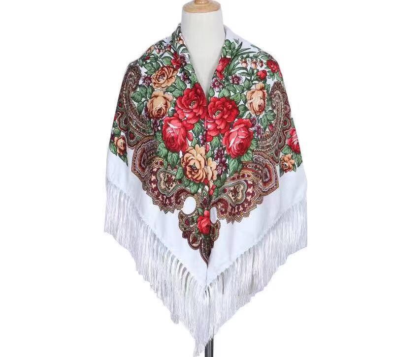

Этническая шаль ципао: Русский принт квадратный платок косынка 130x130cm (with Tassels)