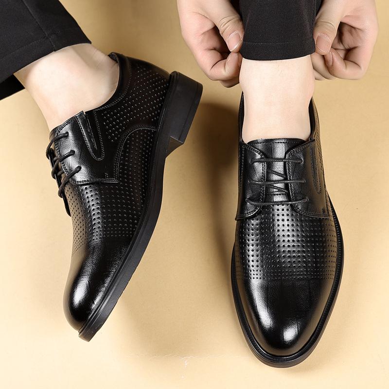 Leather shoes men's 2025 new summer breathable hollow hole business leisure inner height increase lace-up men's shoes
