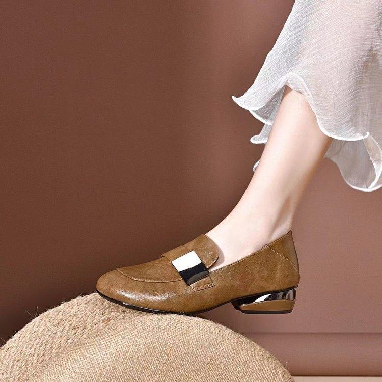 Soft Leather Fashion Thick-heeled Square Toe Loafers Lazy All-match British Style Spring and Autumn Single Shoes Women