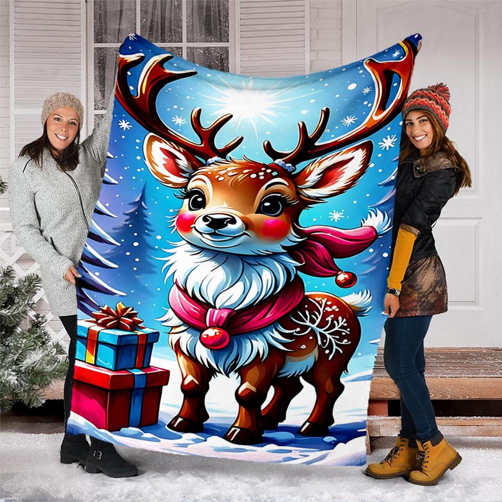1pc Reindeer Gifts Throw Blanket Polyester Fiber, Lightweight Flannel, Soft & Warm, All Season Use for Outdoor, Camping Digital Print