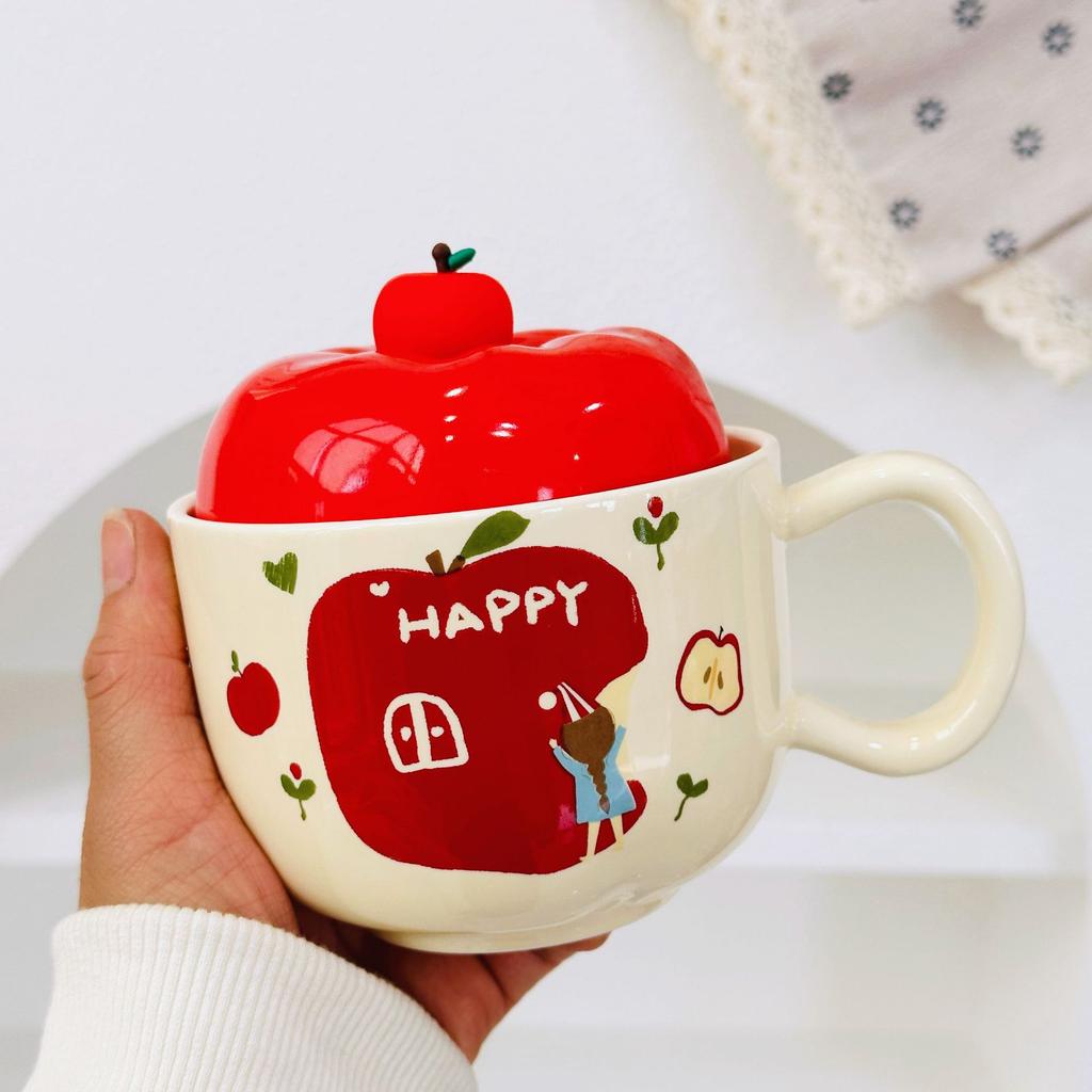 Neues Produkt mit Deckel Weihnachtsapfel Keramiktasse Hochwertiges Set Becher Souvenir Cartoon Niedlich Handbecher Geschenk